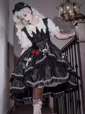 Gothic Lolita white blouse three-quarter side view showing curved hem design, detachable lace trumpet sleeves, and vertical lace trims detail