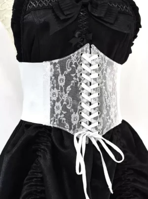 gothic-lolita-lace-corset-waistband-white-black-front-view-with-ruffled-dress