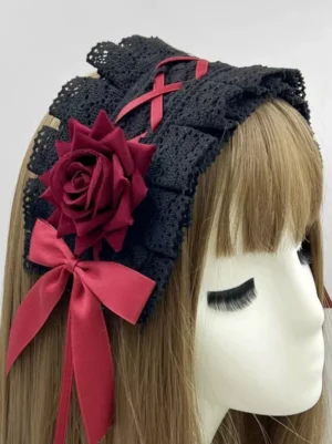 Gothic Lolita lace headpiece mannequin wearing right side profile brown bangs with wine red rose and red satin bow details