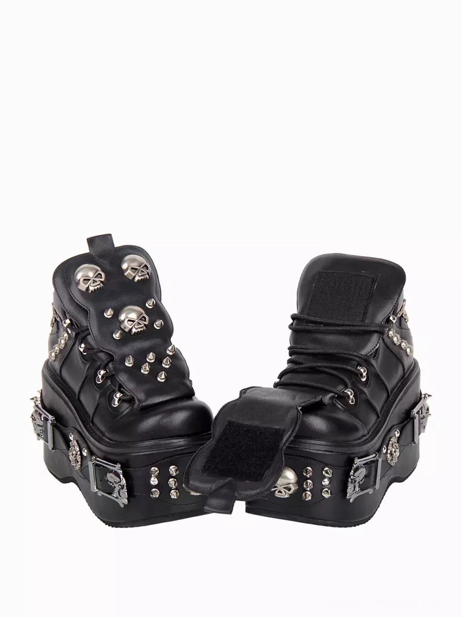 Gothic platform lace-up pumps rear side paired display foldable shoe flap lace-up closure metal stud skull decorations