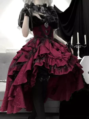 Gothic lolita dress set with lace-trimmed corset blouse and layered wine-red ruffled skirt, side profile showing silhouette and pentagram brooch accessory