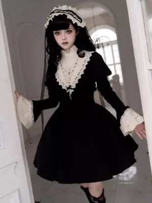 Gothic nun lolita long dress high lace neckline veil headpiece flared skirt arched doorway indoor formal styling