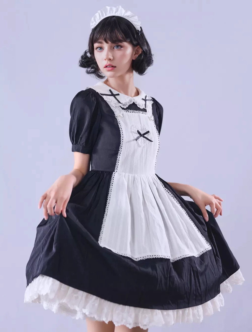 Gothic Lolita maid dress color variants display, black version and custom tailor made options, color customization showcase