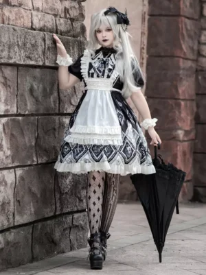 Gothic Lolita maid dress black white diamond vintage print front full body shot silver haired model stone alley outdoor