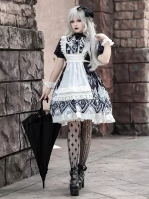 Gothic Lolita black and white maid dress three-quarter view puff short sleeves diamond printed skirt stone wall