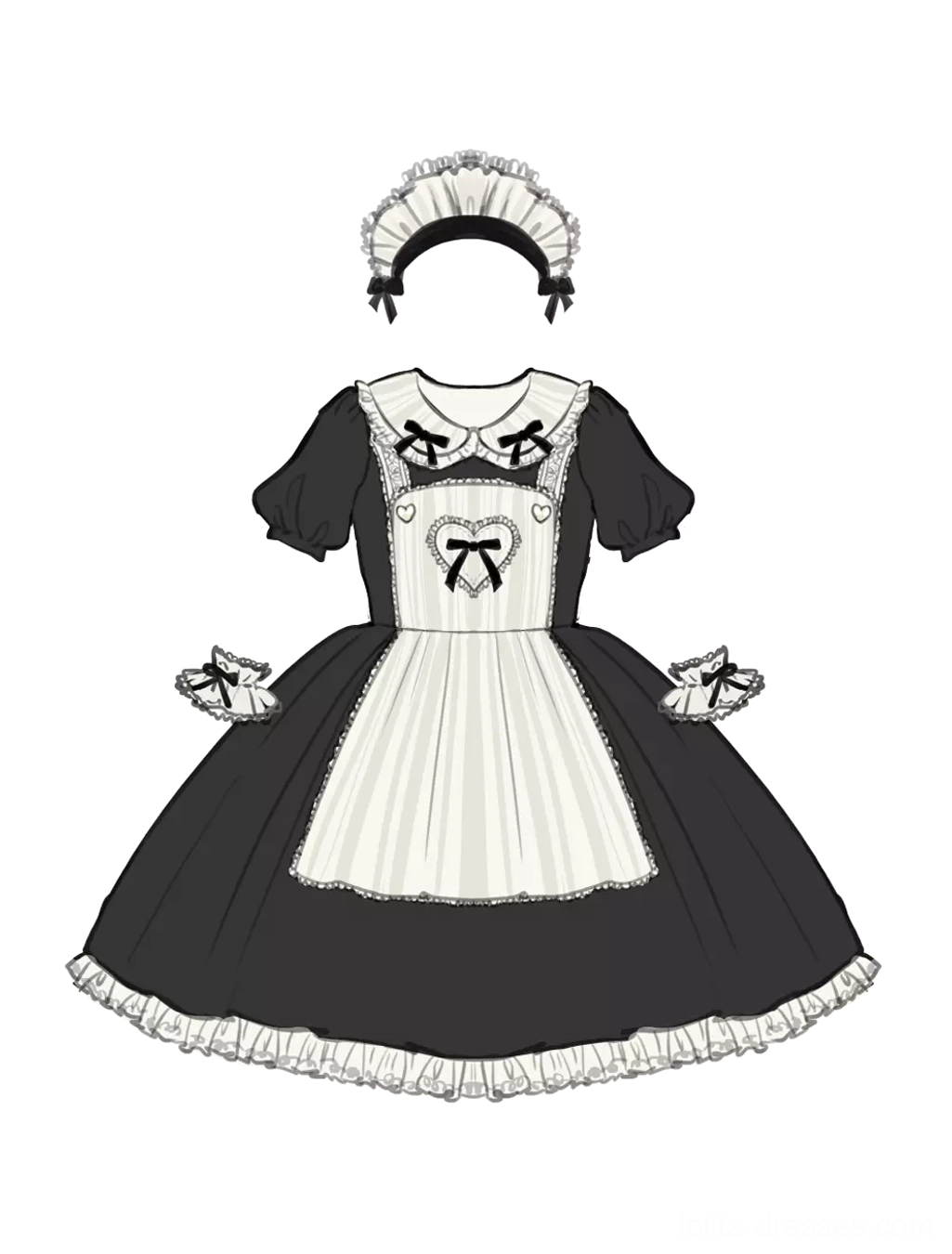 Gothic Lolita black and white maid dress front full body view, model wearing complete coordinate with accessories, theatrical presentation, cultural aesthetic