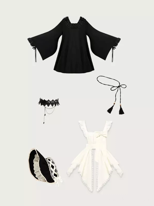 Complete Gothic Lolita maid dress set with all components including dress, detachable apron, choker, headdress, and sash accessories featured