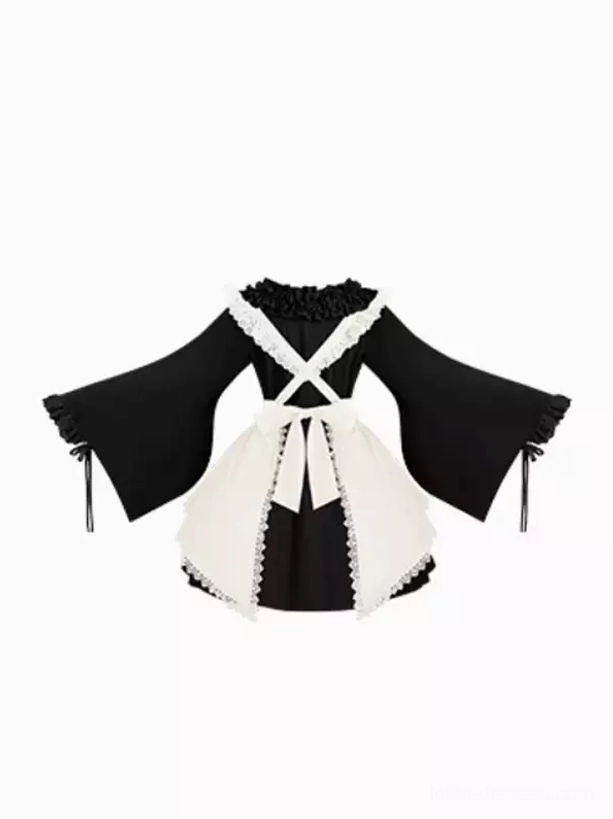 Gothic Lolita maid dress ensemble detail shot showing cream lace apron construction, bell sleeve drawstring, and bow embellishment quality