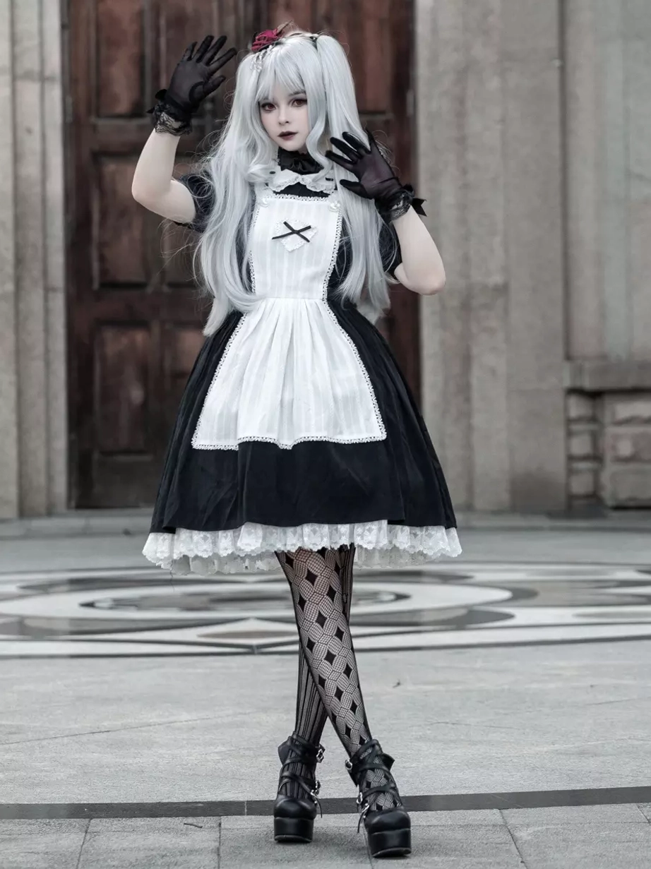 Gothic Lolita maid dress complete outfit front view, diamond fishnet stockings, platform boots, hands on waist pose, short sleeves with lace trim, stone square setting