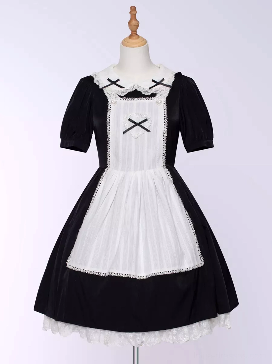 Flat product display of Gothic Lolita maid dress on mannequin, black and white color, short puff sleeves, lace ruffle skirt hem, studio background