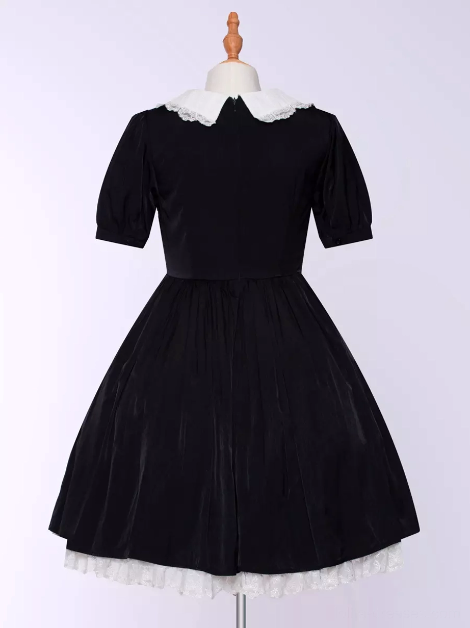 Gothic Lolita maid dress worn complete coordinate with headdress accessory, formal styling, elegant posture, full costume presentation view