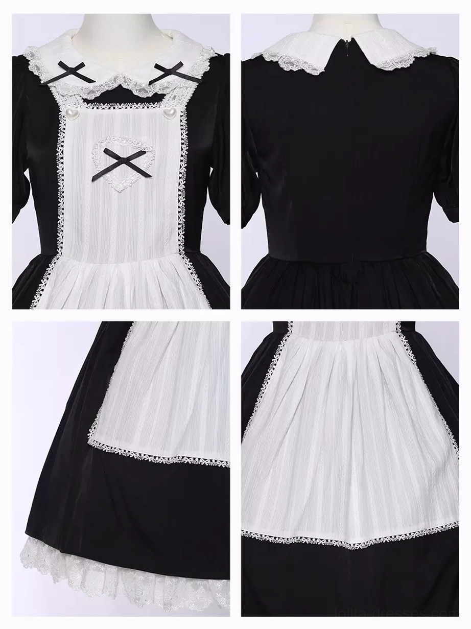 Gothic Lolita maid dress skirt detail showing lace hem construction, ruffle layering, black and white color blocking, movement and volume demonstration