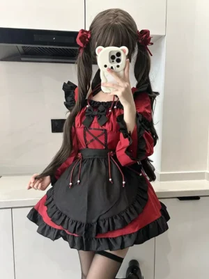 Gothic Lolita maid dress wine red black front selfie view twin tails model kitchen scene ruffled trims bow knots pearl pendants