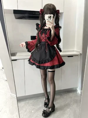 Gothic Lolita maid dress side view model profile silhouette black stockings bow shoes kitchen background ruffled hem