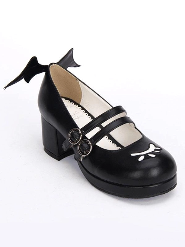 Chunky block heel Gothic Lolita Mary Jane shoes showcasing patchwork pattern mismatched colorway evil wing heel trims and double strap design for Lolita subculture fashion