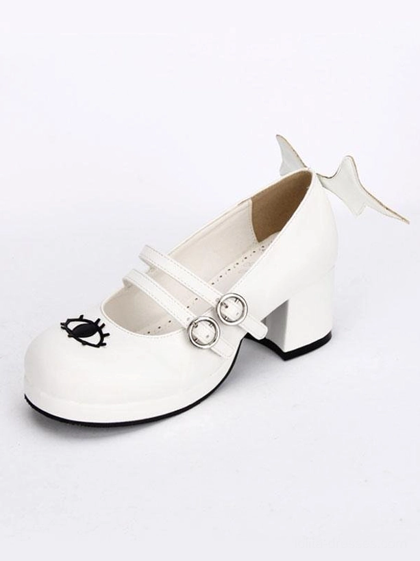 Gothic Lolita Mary Jane shoes with evil wing heel design dual buckle straps and cute character prints product detail view for Lolita fashion enthusiasts