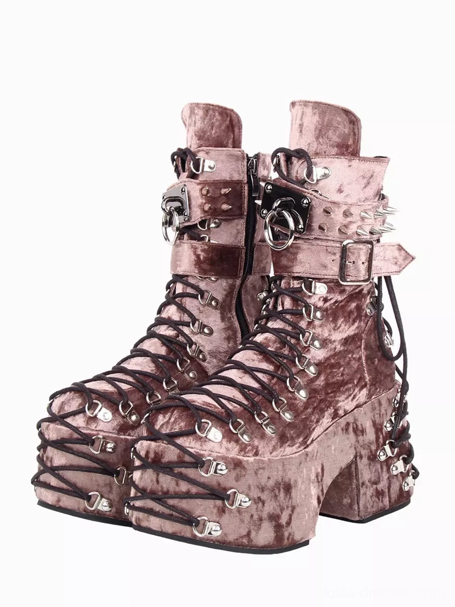 Mauve velvet gothic platform combat boots spiked straps metal eyelet lacing detail three-quarter