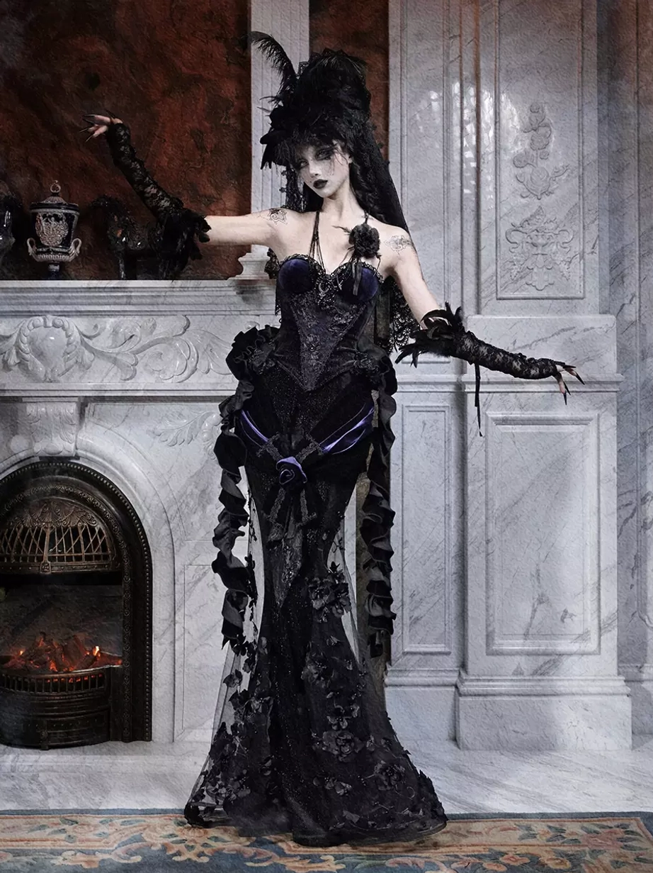 Side view gothic lolita mermaid corset dress with high-slit lace skirt and dark blue velvet waist accent - model with feather veil