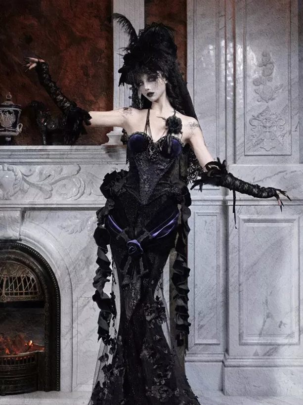 Three-quarter front view gothic lolita mermaid corset dress with open-back design and ruffled lace skirt - model with feather veil headdress