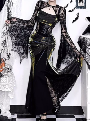 Gothic lolita dress three-quarter angle view showing cutout chest design and iridescent fabric accents with floor-length mermaid skirt