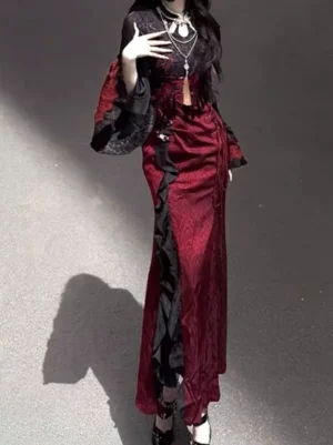 Gothic Lolita mermaid dress front facing view showing wide bell sleeves wine red jacquard fabric black ruffled trim and elegant silhouette