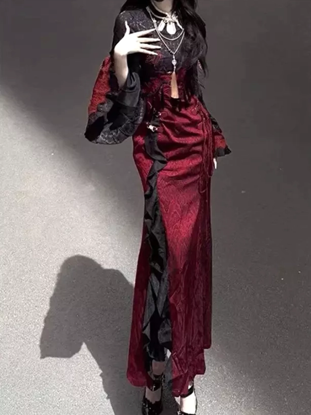 Gothic Lolita mermaid dress front facing view showing wide bell sleeves wine red jacquard fabric black ruffled trim and elegant silhouette