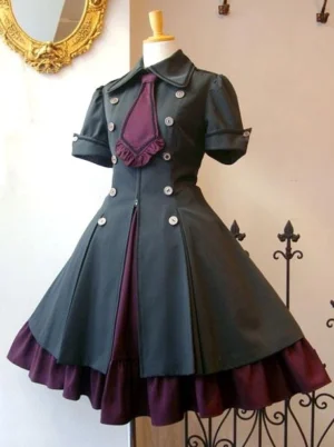 Gothic Lolita military style OP dress front display showing embossed round metal buttons, wine red ruffled hem, fitted waist and flared A-line skirt silhouette with decorative background