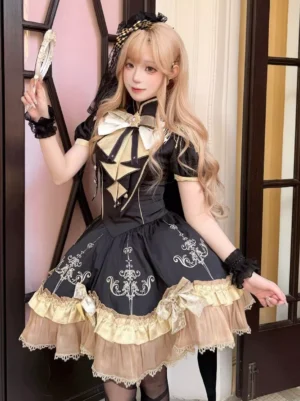 Military gothic lolita dress detail shot gold star chest ornament large collar bow lace trimmed skirt black formal wear