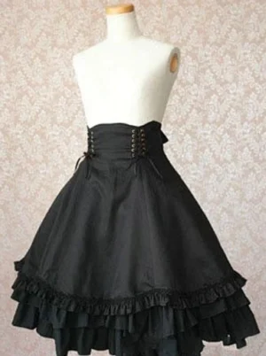 Black gothic lolita military high waist skirt with lace-up corset waistband and double layer ruffled hem front view