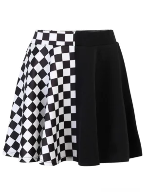 Black gothic lolita patchwork mini skirt flat lay front view, displaying two-tone checkerboard and solid black panel design, high-waisted A-line silhouette on white background