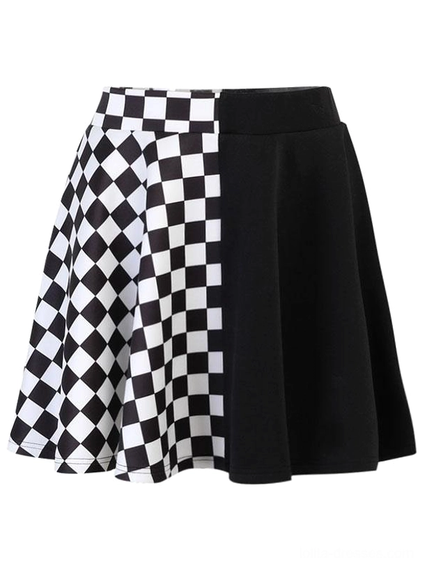 Black gothic lolita patchwork mini skirt flat lay front view, displaying two-tone checkerboard and solid black panel design, high-waisted A-line silhouette on white background