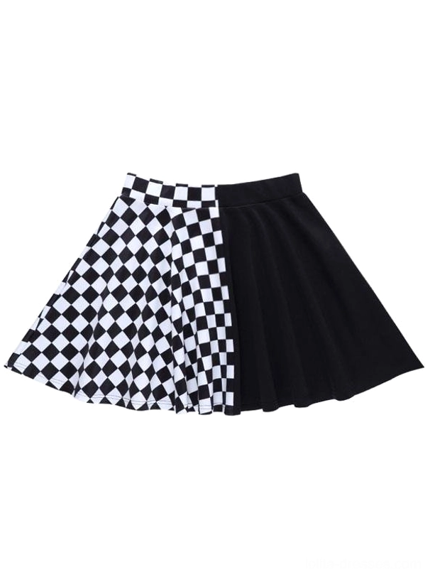 Black gothic lolita mini skirt top-down overhead flat lay showing full flared A-line silhouette with dual-panel two-tone patchwork design on white background