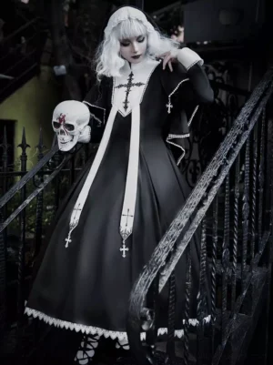 Black Gothic Lolita monastery dress three-quarter front view with cross collar details fitted waist lace trimmed skirt long sleeves