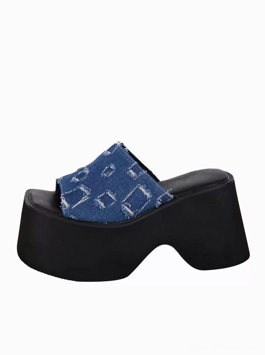 Single blue denim distressed Gothic Lolita platform mule sandal front side three-quarter view strap chunky black block heel slip-on peep-toe