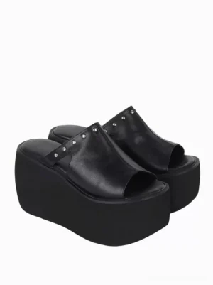 Gothic lolita mule sandals side three-quarter perspective studded vamp strap chunky platform sole alternative footwear