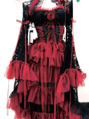 Gothic lolita tiered ruffle dress front display showing multi-layer red tulle hem and long beaded corset design with lace sleeves
