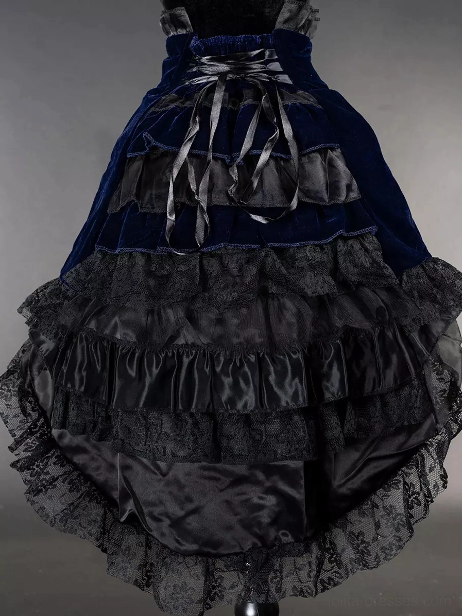 Gothic Lolita navy blue velvet high-low skirt black lace layered ruffles lace-up back detail dress form