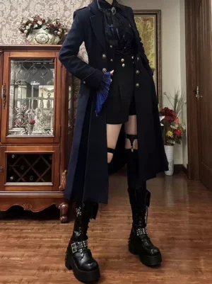 Full-length gothic lolita overcoat floor-length silhouette with tailored waist paired with platform boots and thigh garters