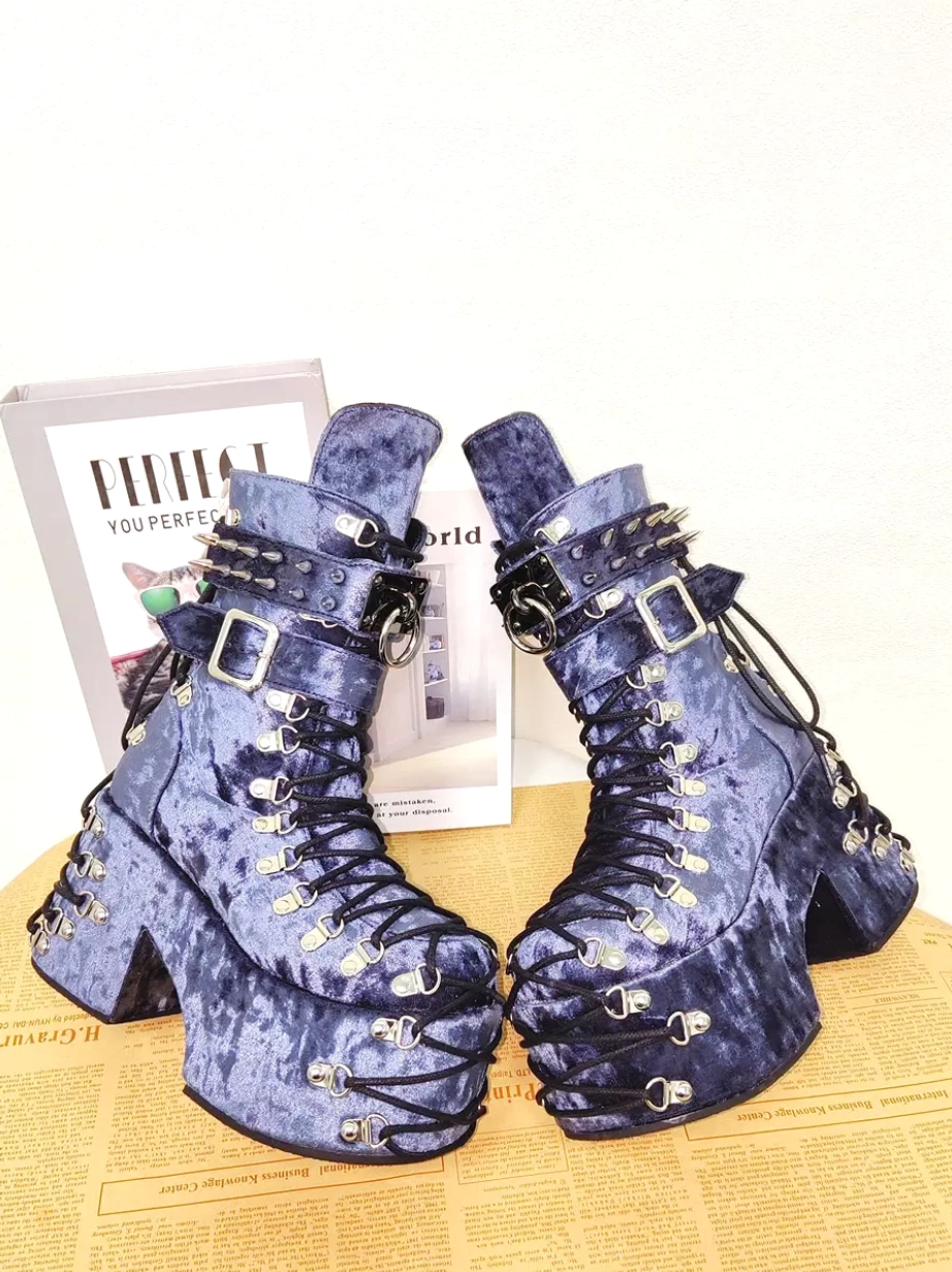 Navy blue velvet gothic lolita platform boots thick wedge heel buckle detail three-quarter view