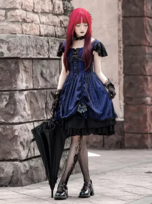 Navy blue Gothic Lolita striped dress with lace accents full front view, model wearing fishnet stockings black platform shoes holding black umbrella outdoor