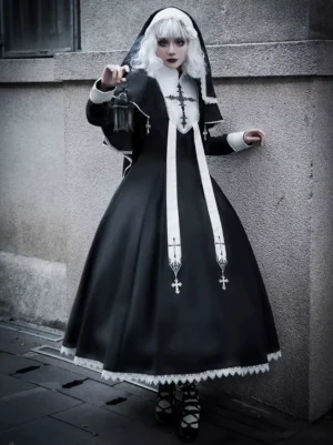 Gothic Lolita nun dress with detachable capelet front view full length black cross embroidery long sleeves white sashes scalloped lace hem