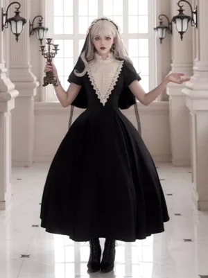 Gothic Lolita nun dress with pleated ruffles, black and white color block, lace neck trim, short sleeves, and flared skirt - front view on blonde model in vintage palace hallway