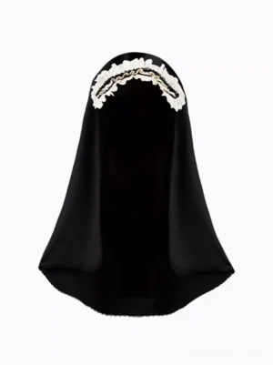 Gothic lolita nun veil headdress with black fabric and white ruffled lace trim, featuring decorative metal chain embellishments, flat lay product photography on white background