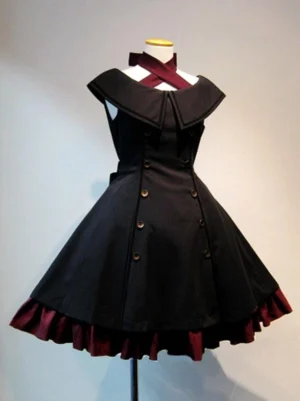 Gothic lolita off-shoulder jumper dress front view with wine-red ruffles golden buttons black fabric crisscross neck strap mannequin display