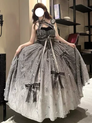 Black silver ombre gothic lolita ball gown dress front three-quarter view with lace-up corset bodice and bow details