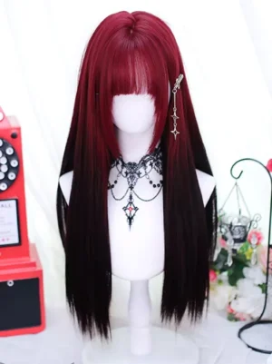 Gothic Lolita ombre burgundy to black long wig with straight hair and blunt bangs, styled on white mannequin head with gothic choker, vintage telephone and floral background, front view displaying color gradient transition