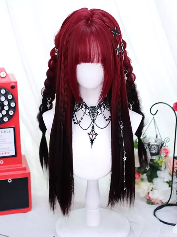 Gothic Lolita long wig with side braids and multiple cross and star hair decorations, straight hair ends displaying full ombre gradient, styled on mannequin with retro gothic accessories and floral props