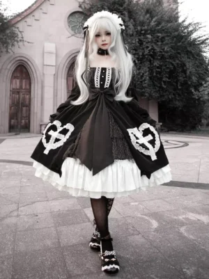 Full front view of Gothic Lolita OP dress featuring square neckline, layered ruffle underskirt, waist big bow, and black choker detail