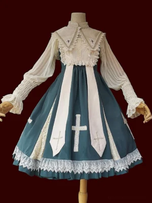 Gothic lolita one-piece dress with teal cross motif skirt and ruffled lace hem featuring stand collar design