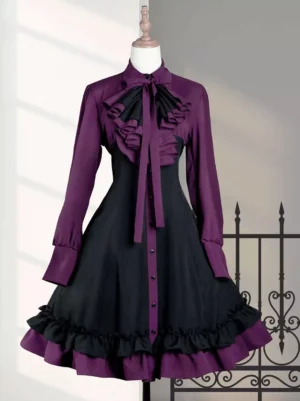 gothic lolita op dress black purple ruffles front view full body dress form